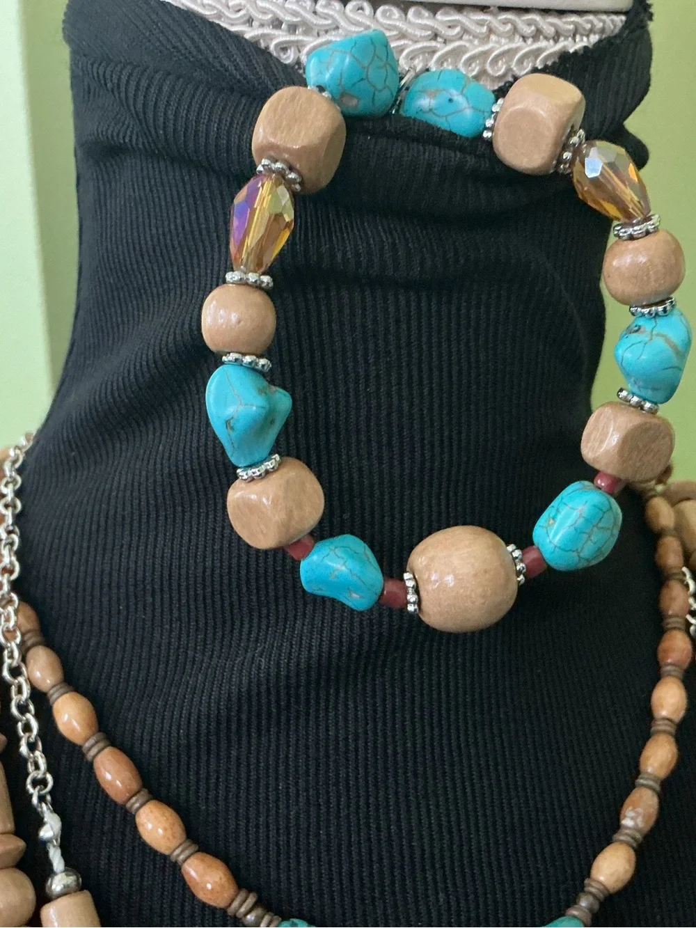 4 Piece Jewelry Set Turquoise and Tan Beaded Wood